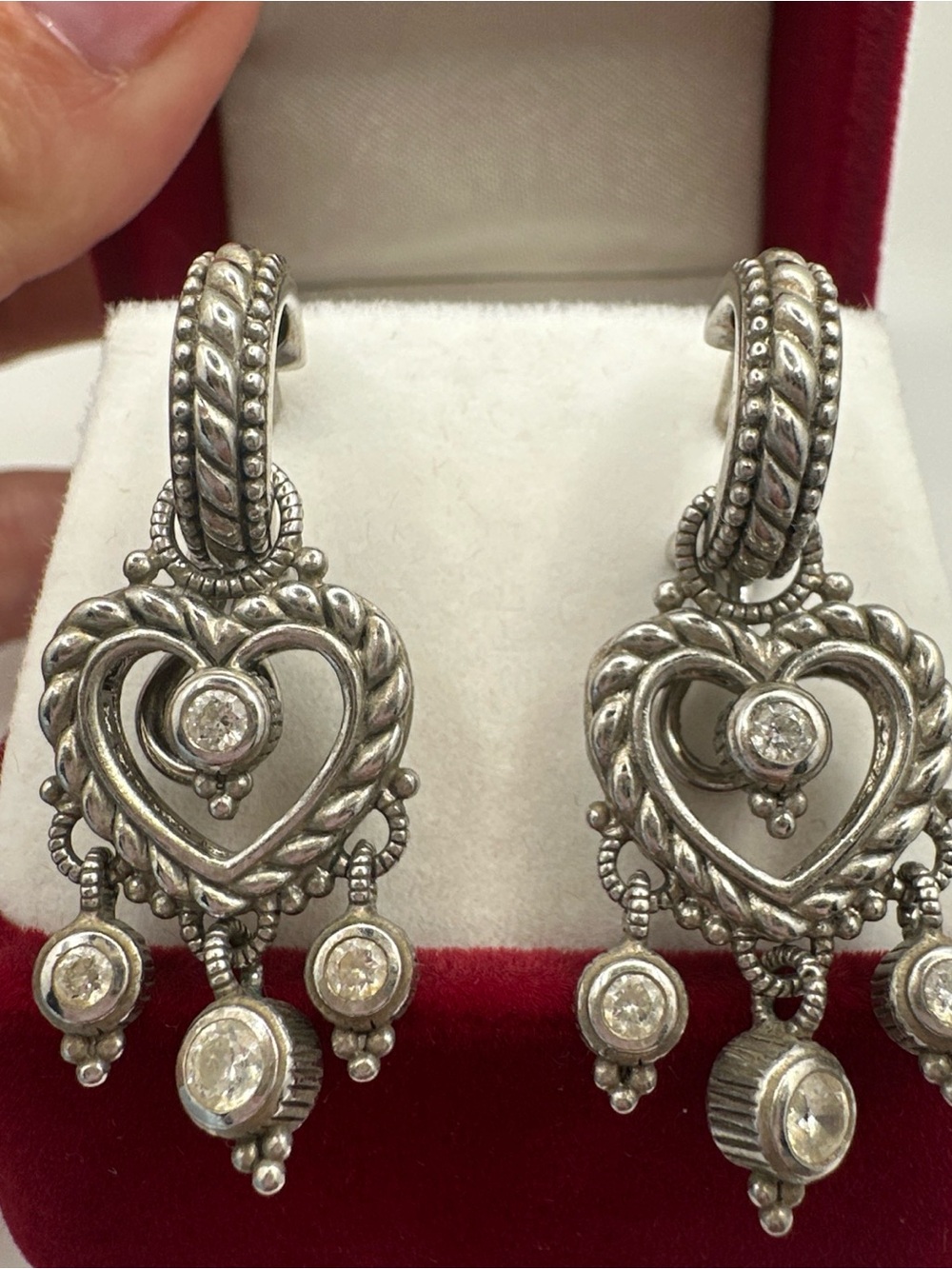Judith Ripka Silver Heart Drop Earrings with Clear Stones